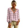 Women's Christmas Print Long Sleeve V-Neck Top with Ruffle Trim and Front Tie