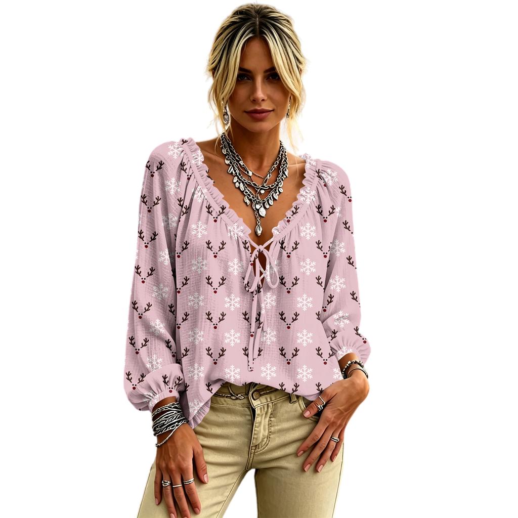 Women's Christmas Print Long Sleeve V-Neck Top with Ruffle Trim and Front Tie