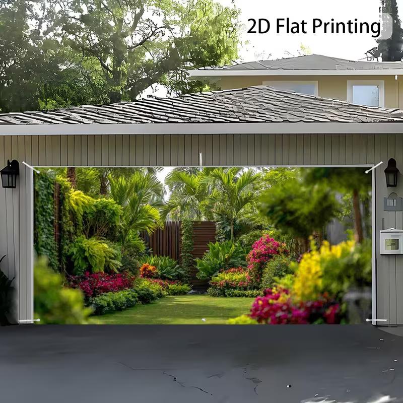 2D Colorful Flower Palm Tree Lawn View Garage Door Banner Garden Backdrop 47.2x31.5inch/120*80cm