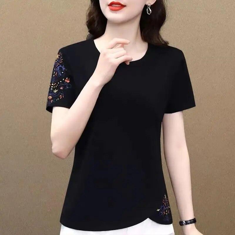 Women's T-shirt Summer Short Sleeve Loose Pullover Solid Vintage Round Neck Embroidery Printing Fashion Elegant Plus Size Tops