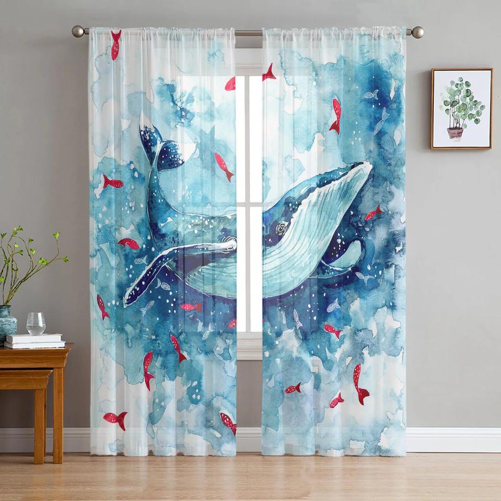 Cartoon Fish Tulle Sheer Window Curtains for Living Room Kitchen Children Bedroom Voile Hanging Curtain