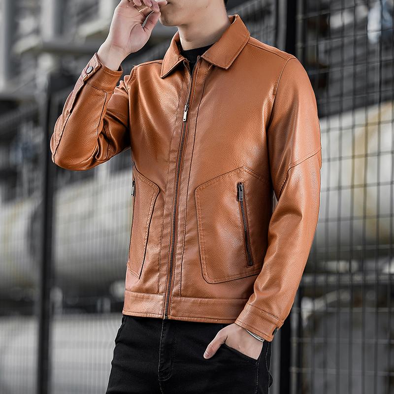 Chaqueta de cuero delgada con cuello levantado para hombre, abrigo informal de cuero a prueba de viento para motociclista, chaqueta de cuero Pu para motocicleta