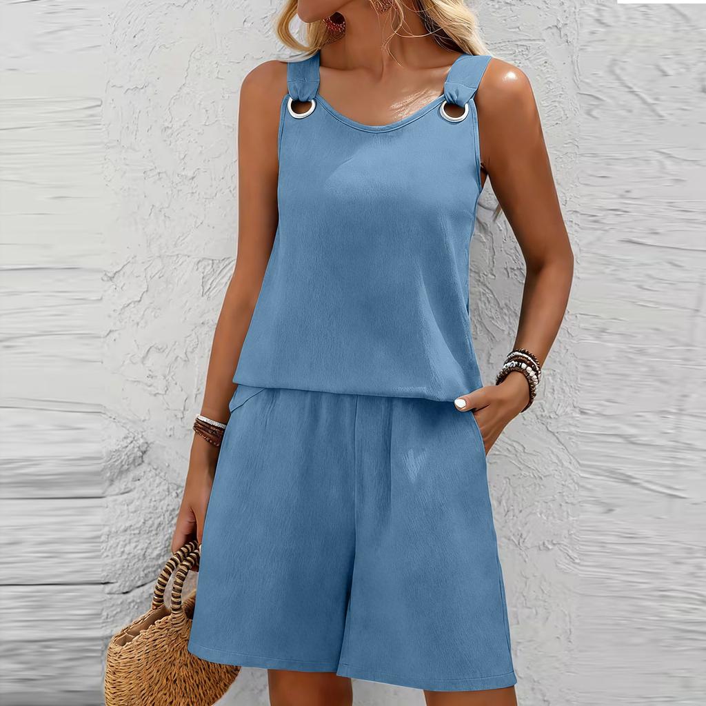 Women's Casual Sleeveless Tank Top And Shorts Set With Pockets