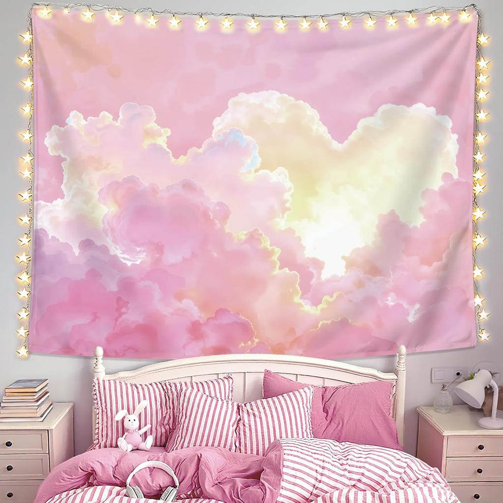 Preppy Pink Cloud Tapestry Wall Hanging, Preppy Room Decor, Pink Clouds Natural Landscape Aesthetic Wall Blanket Decor For Home