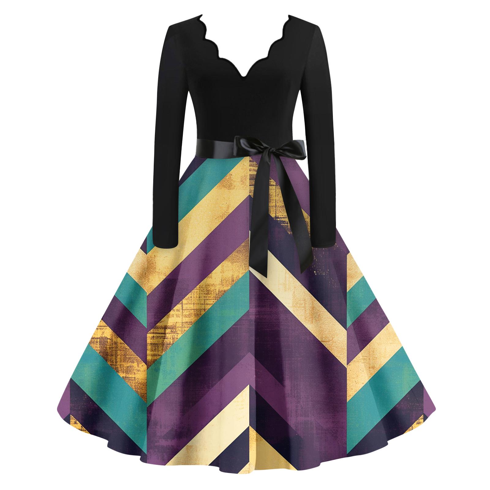 

Женское повседневное модное платье с V-образным вырезом и длинным рукавом с принтом в винтажном стиле L