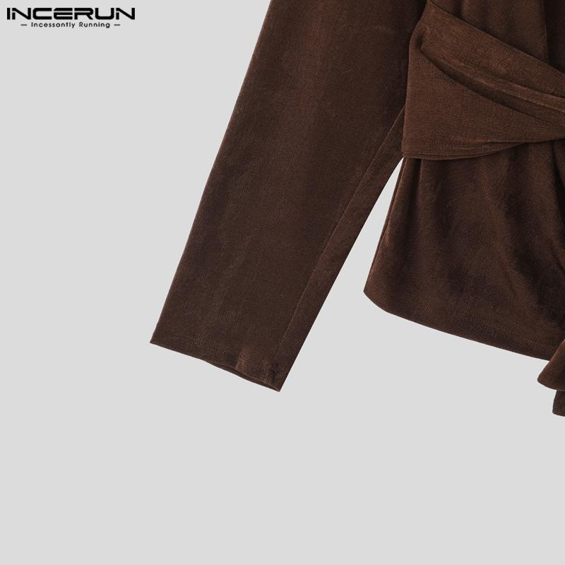 INCERUN Autumn Spring Men Swing Collar Long Sleeve Bandage Waist Casual Tops T-shirts