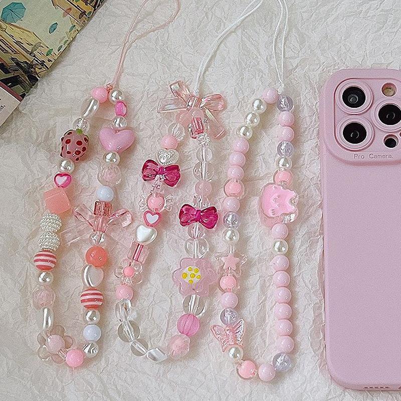 Telefoonkoordje met schattige aardbeibloemkralen, bedeltje met knoop, sleutelhanger voor mobiele telefoon, tas, camera, telefoonhoesje, hanger