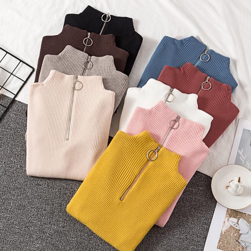 Knitted Women Zipper Half High Neck Ring Zipper Slim Top Sweater Pullovers Autumn Winter Basic Women Sweaters Slim Solid Knitwear Pull Femme Tops