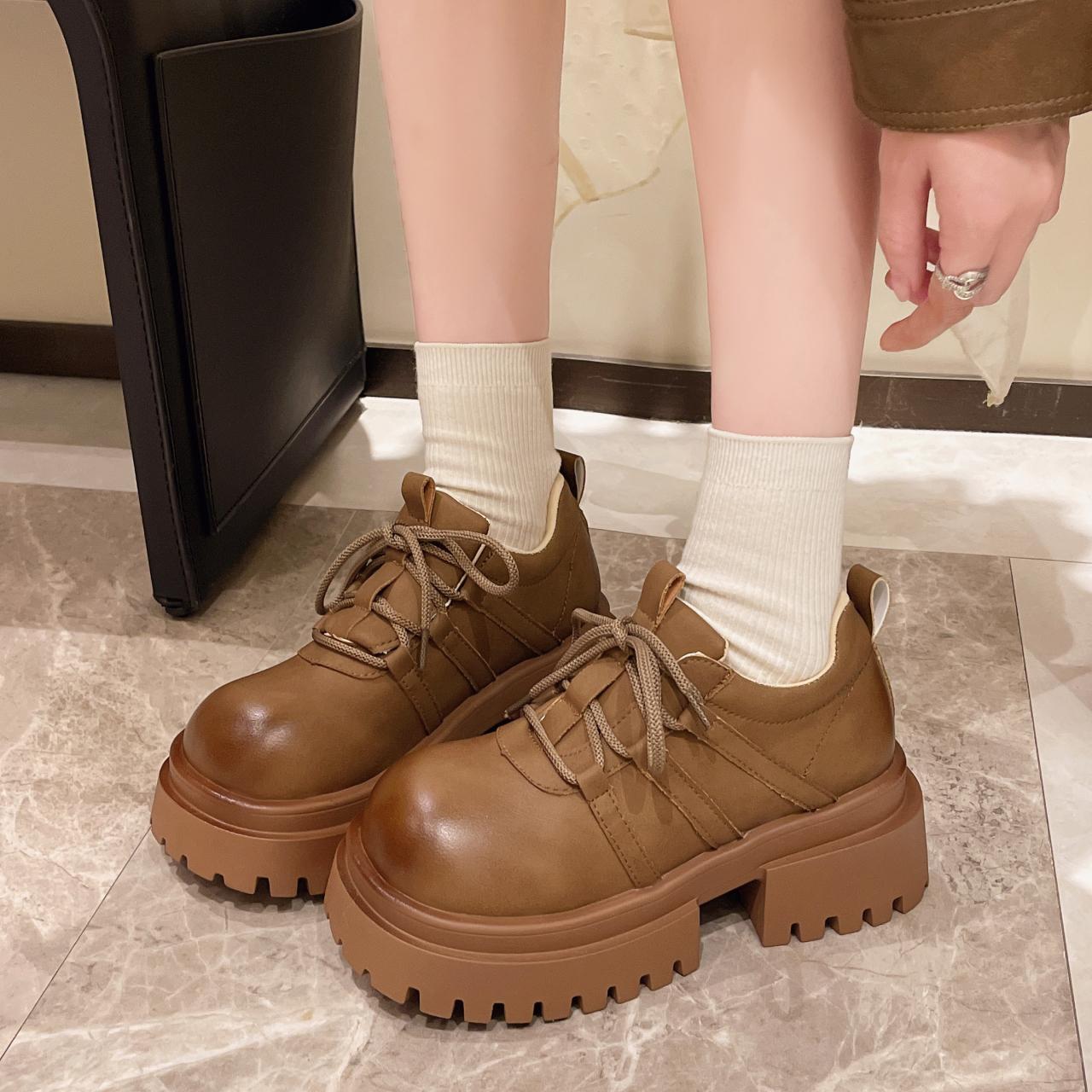 

мода 2024 Осенняя мода Новые женские однотонные повседневные туфли на шнуровке с круглым носком на высоком каблуке и низким верхом 40 светло-коричневого