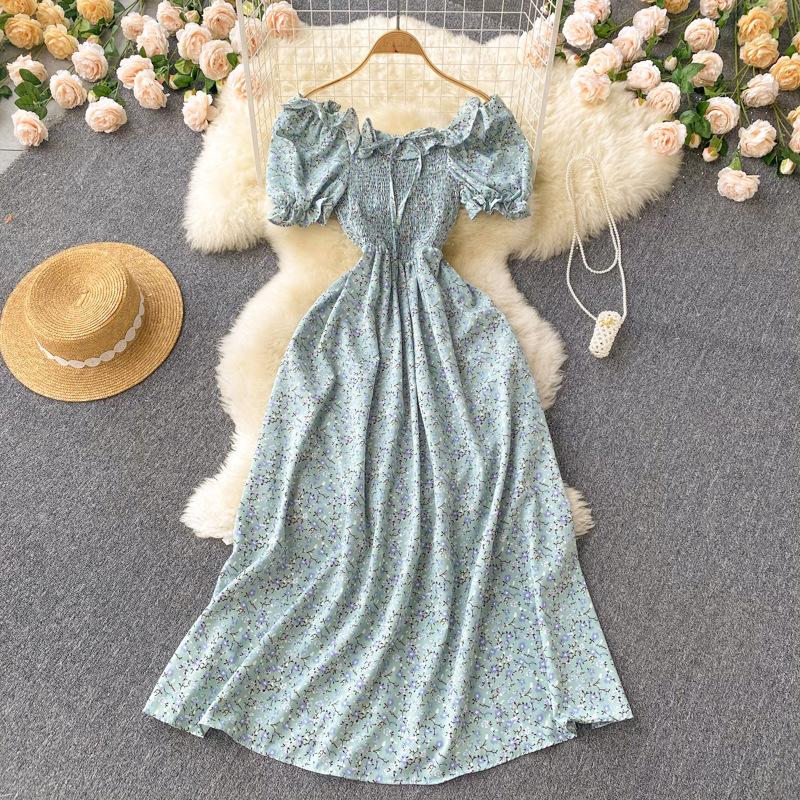 

Летнее женское французское винтажное платье с цветочным принтом, с высокой талией, с завязками на талии, с плиссировкой, длинное платье-качели One Size светло-зеленый