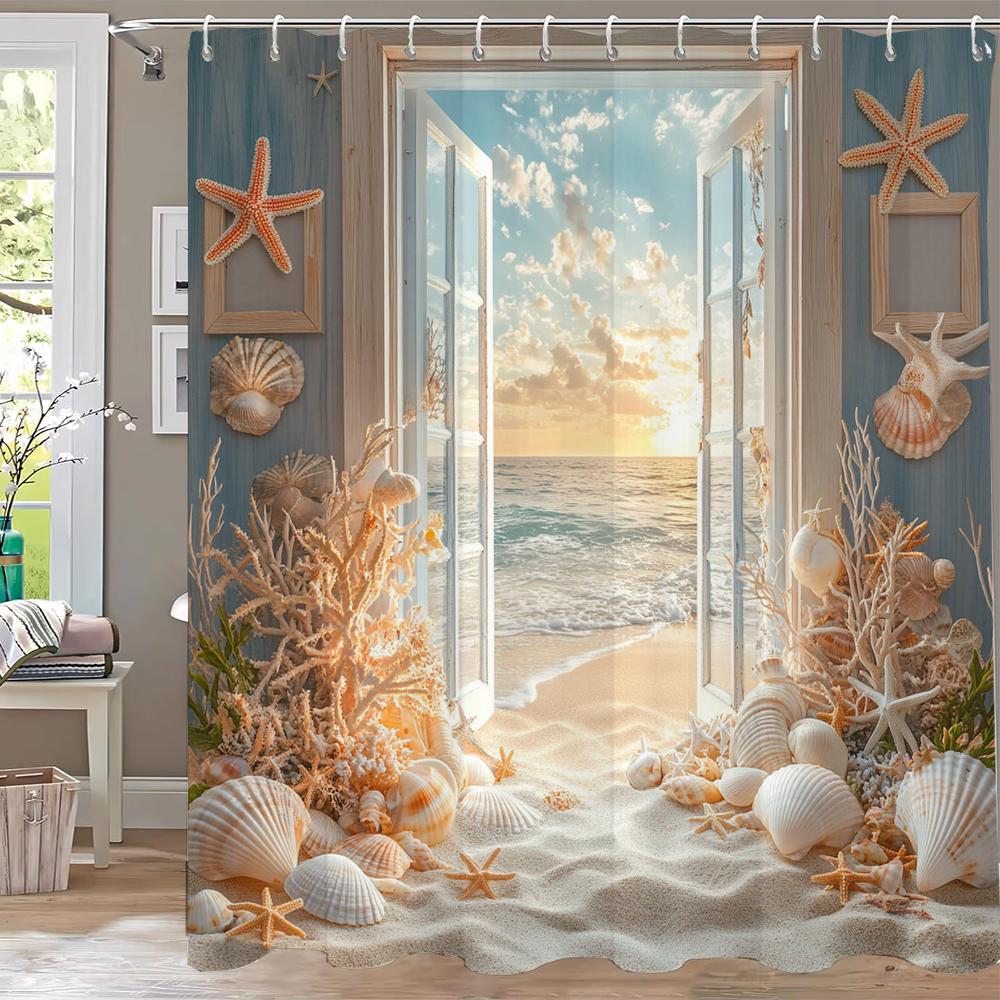 1Pc Ocean Beach Shell Wooden Door Seaside Scenery Print Waterproof Shower Curtain Partition Privacy Hanging Curtain With Hooks
