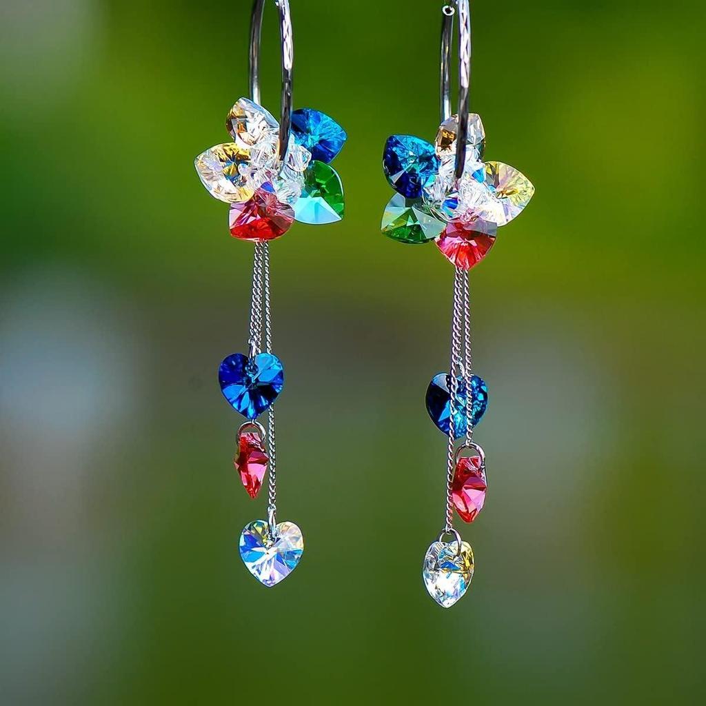 925 Sterling Silber handgefertigte Creolen, AuraSelene, schillernder Blumenstil mit bunten Kristallen, lange Quasten, Boho-Baumwoll-Ohrhänger