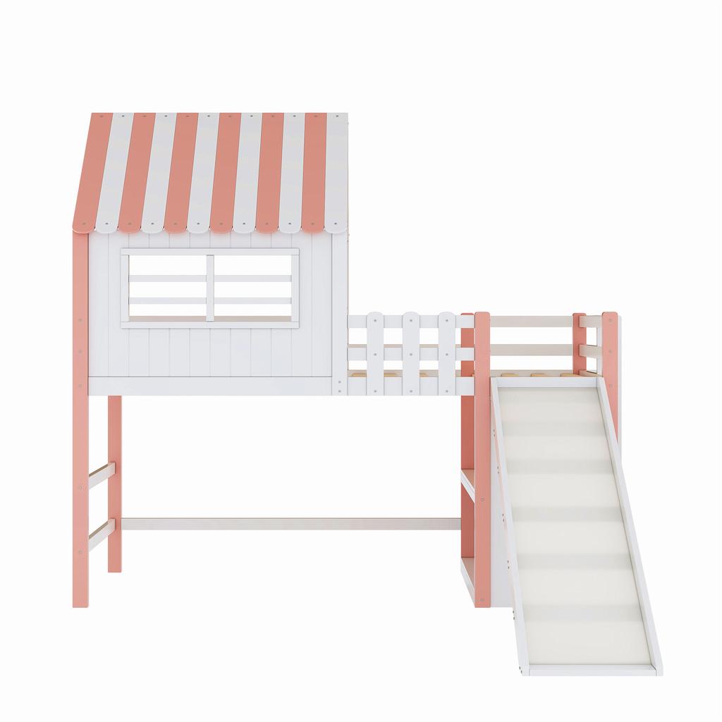 Children's Bed 90 X 200 Cm Attic Design Safety Ladder Safety Slide, Multi-Level Storage Compartments Multifunctional Solid Wood Single Loft Bed Pink