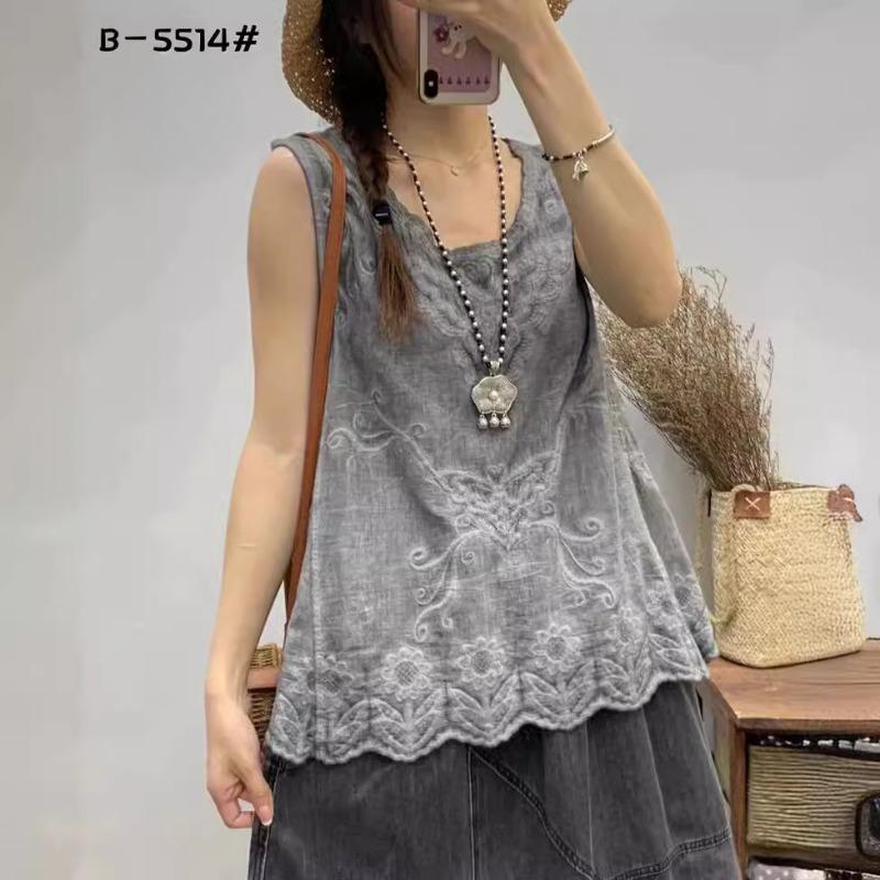 

Z25 весна і літо новий ретро старий смажений колір бавовна вишивка вода хвилі V-подібним вирізом пуловер вільний без рукавів жилет жінки One size