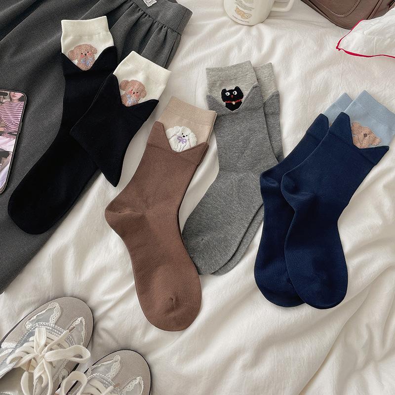Velvet Cartoon Animal Socks for Women, Autumn Patchwork Fake Two Mid-calf Socks In Contrasting Colors, Boneless Pile Socks