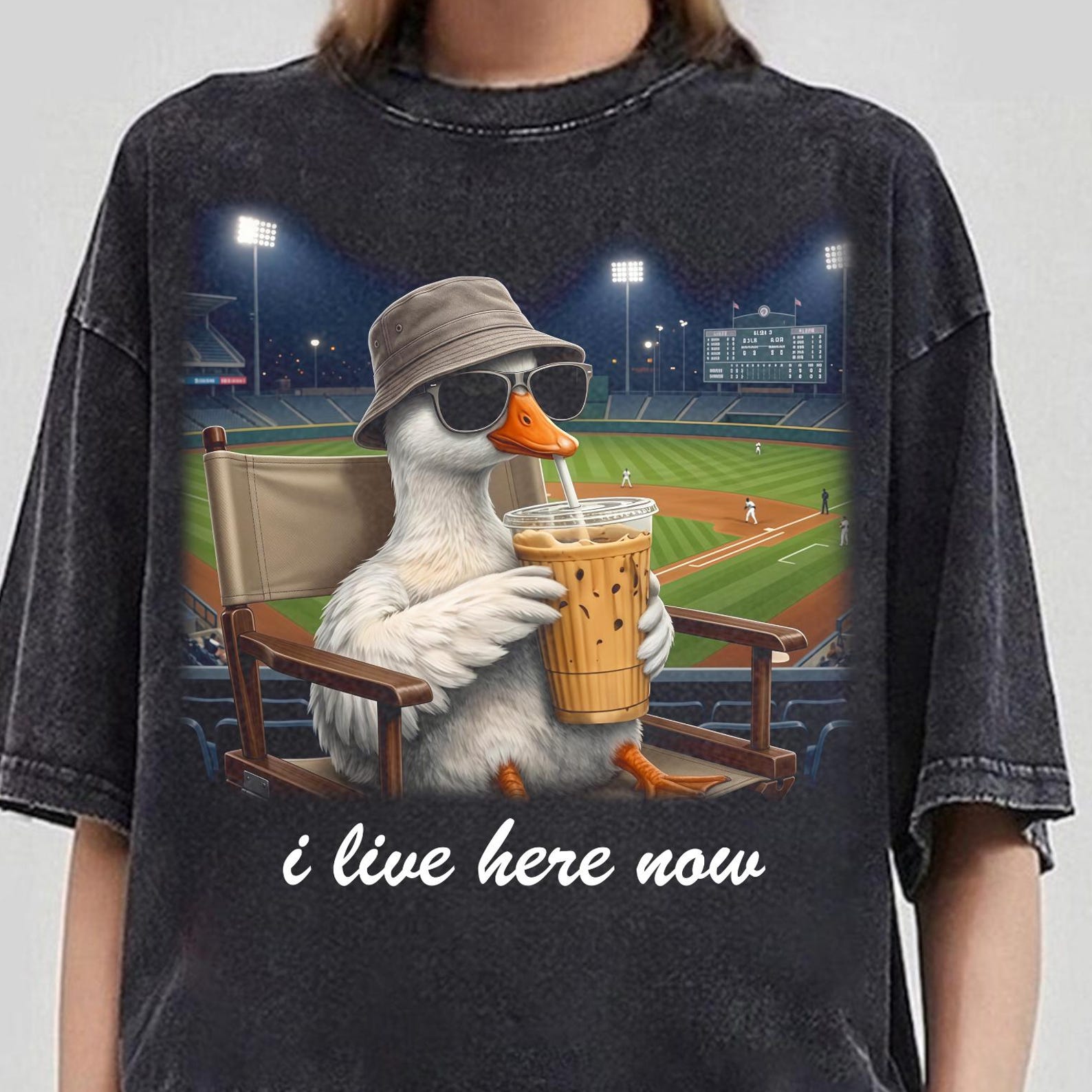 I Live Here Now Goose Shirt, Goose Funny Ballfield Dark, Travel Baseball Softball Tournament, Softball Ball Mom, Goose Drinking Ice Coffee XL