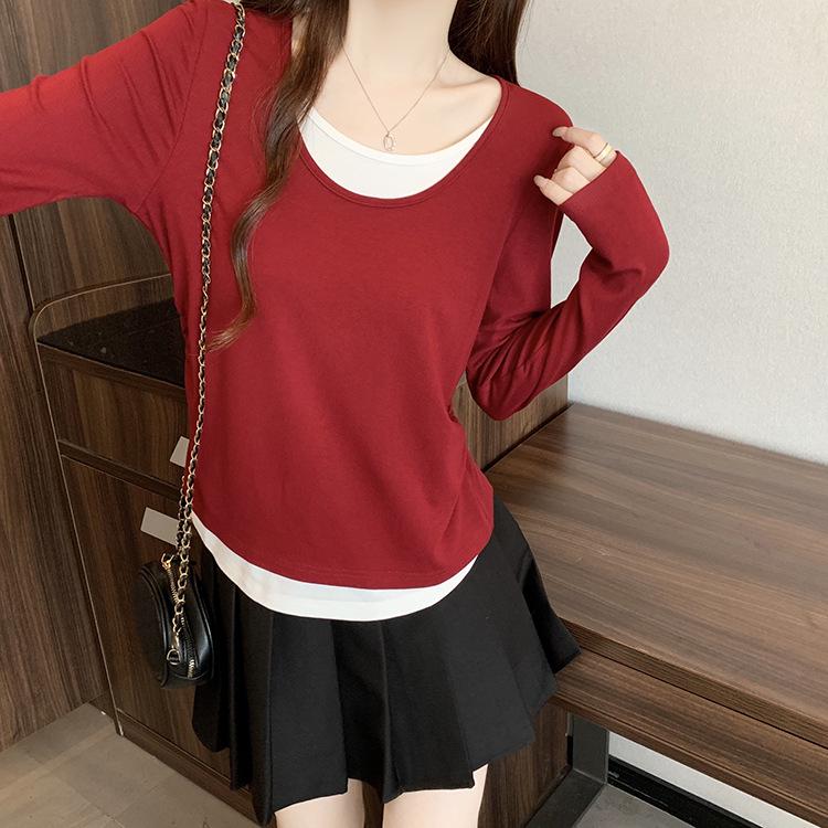

Plus Size Color Block Faux Two-Piece Long Sleeve Top for Women 3XL
