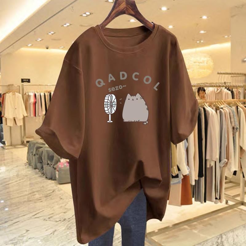 

Heavy cotton fun cartoon kitten short-sleeved T-shirt women s loose summer new ins casual half-sleeved shirt XXXL