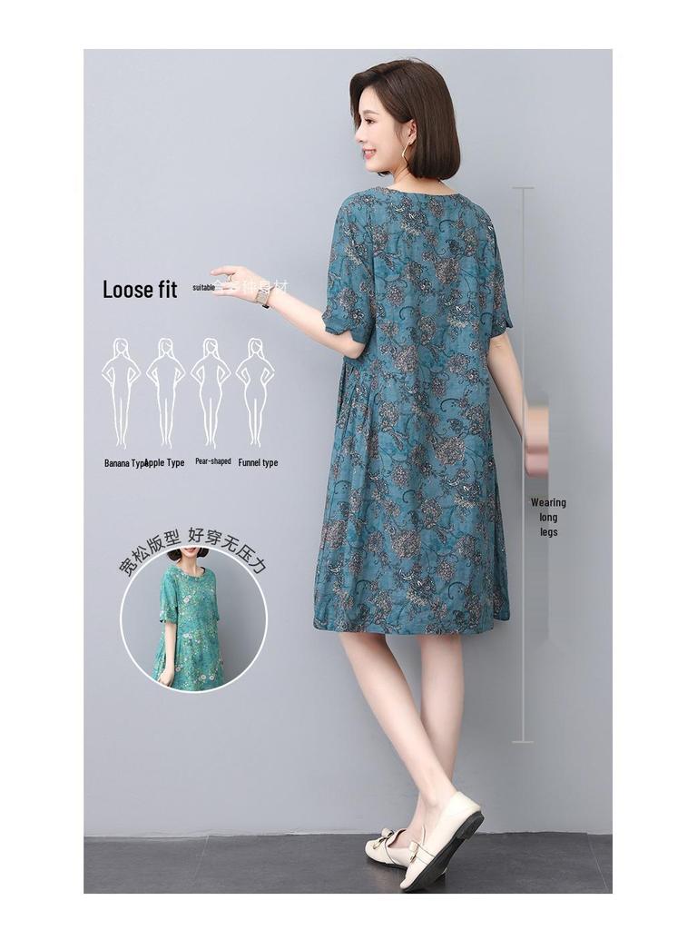 Floral Linen A-Line Dress for Women, 2024 Summer Collection – Elegant Slimming Style for Middle-Aged Mothers