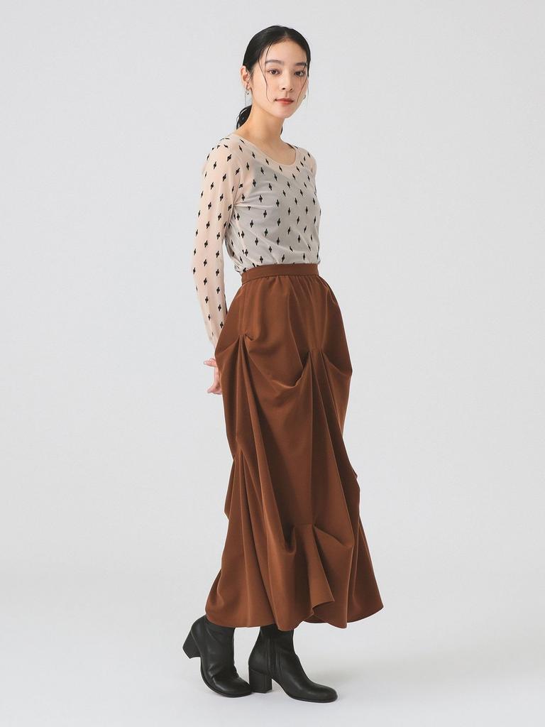 Ray Beams Women's Random Tuck Voluminous Skirt, Brown 1