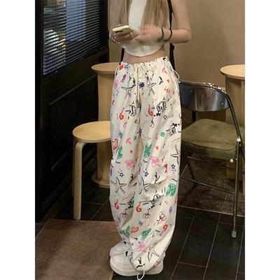 Summer High Waist Slim Retro Fun Graffiti Full Print Work Pants for Women Loose Feet Trousers