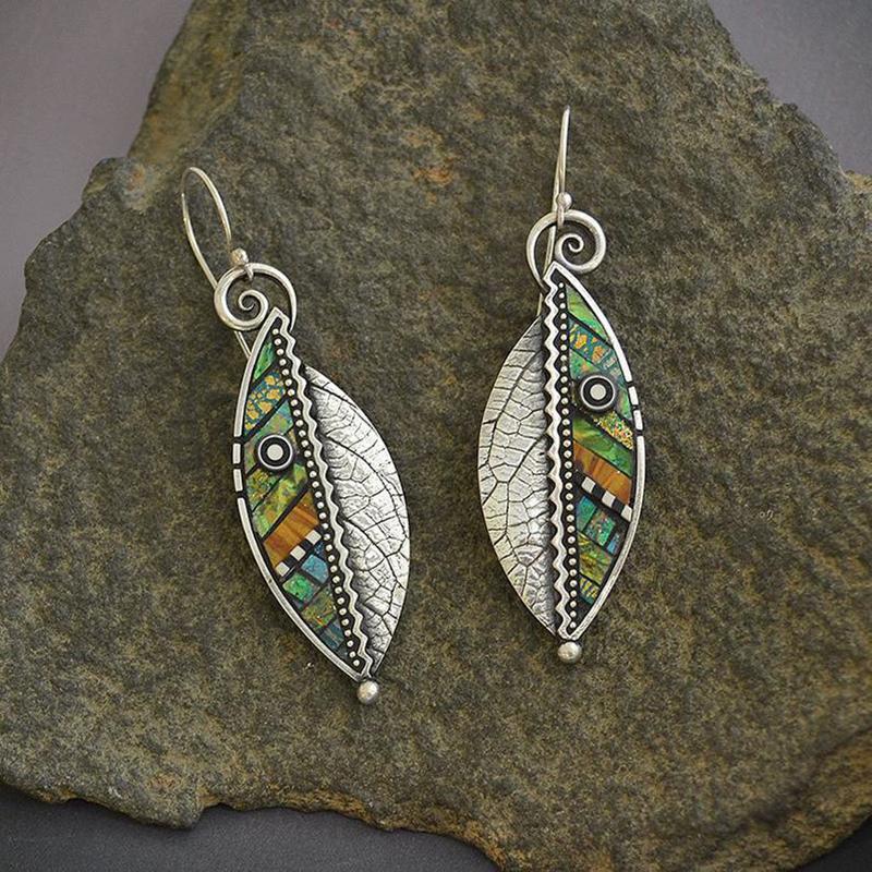 Bohemian Green Leaf Earrings for Women Ethnic Abstract Vintage Silver Color Drop Dangle Earring Oorbellen Pendientes O4D423