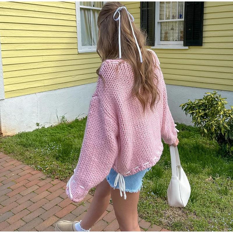 Повседневный свободный свитер женский модный бант на шнуровке косой воротник женский — фото 11