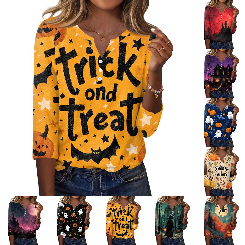 Women's Casual Halloween Print V Neck Button Front Three Quarter Sleeve T Shirt Top Lightweight Soft Fabric Comfortable Fit