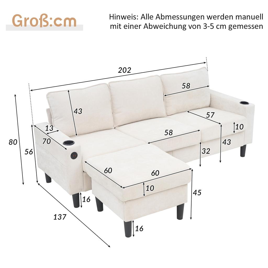 Corner Sofa 3-Seater Sofa Upholstered Sofa USB & Type-C, 2 L-shaped Sleeper Sofa, Upholstered Furniture Living Room, Apartment, Lounge Bedroom, Beige