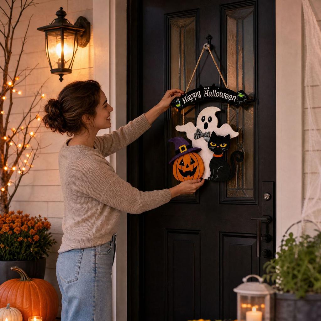 Halloween Welcome Sign with Pumpkin Design for Front Door Wall Hanging Decor