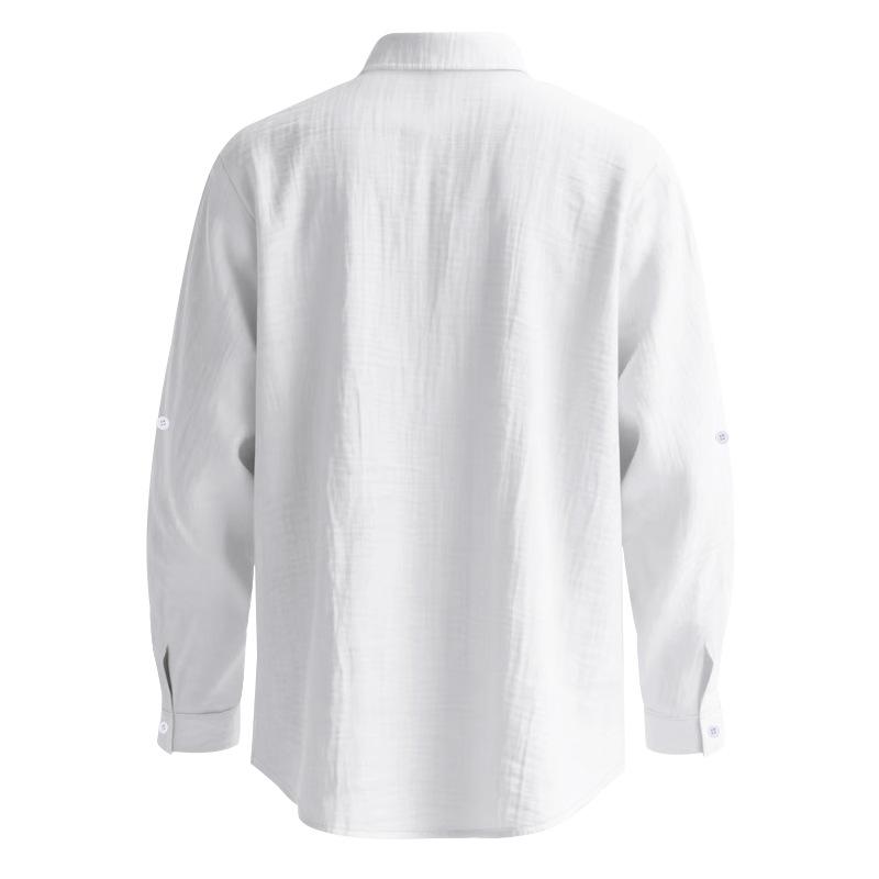 Men Stand Collar Linen Long Sleeve Shirt Single Pocket Roll Tab Cuff Casual Beach Top