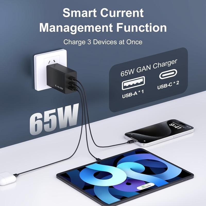 For Laptop Charger , 65W GaN 3 Port USB C Power Adapter With Type C Charging Block For IPhone16/15/14/13, MacBook, IPad, Galaxy