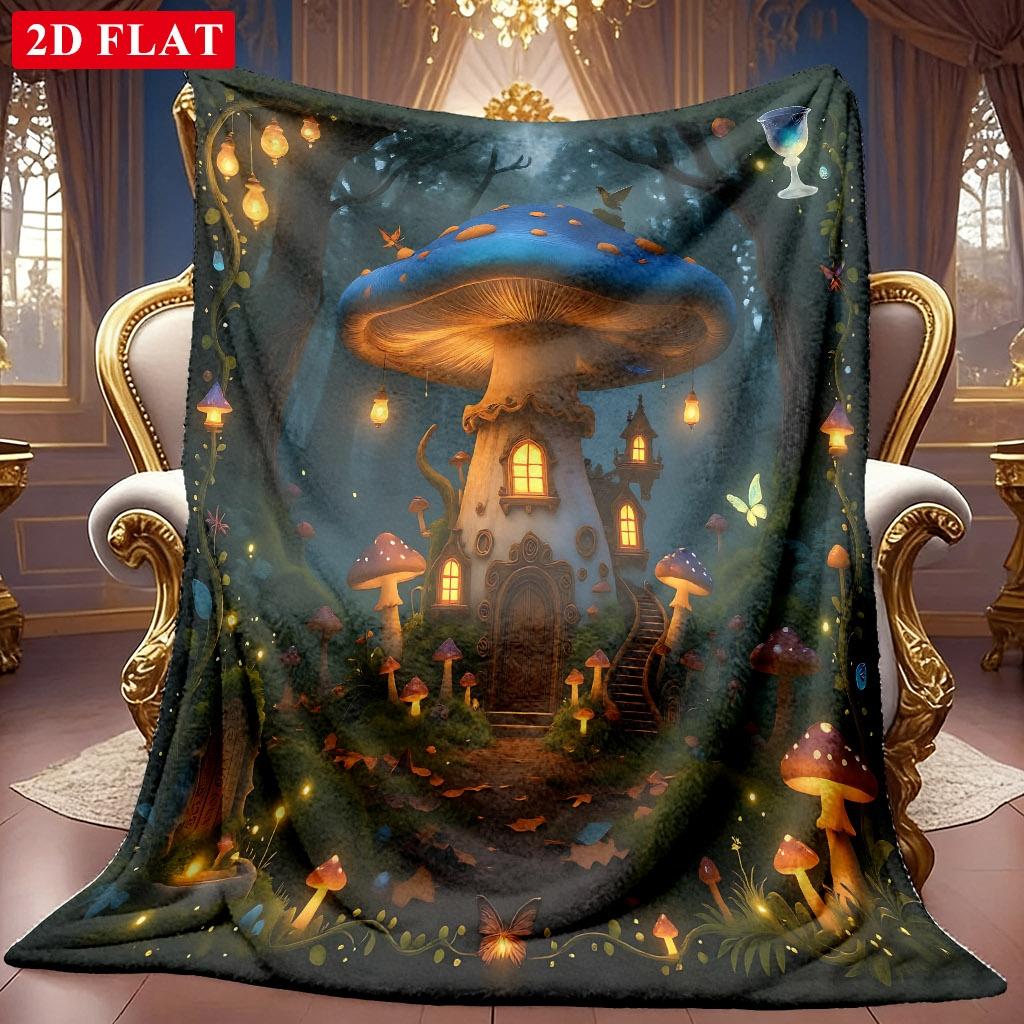 1pc 2D Mushroom House Forest Nightscape Theme Pattern Flannel Blanket, Soft HD Digital Print, Cooling Blanket All-Season Use! Soft And Breathable 100%