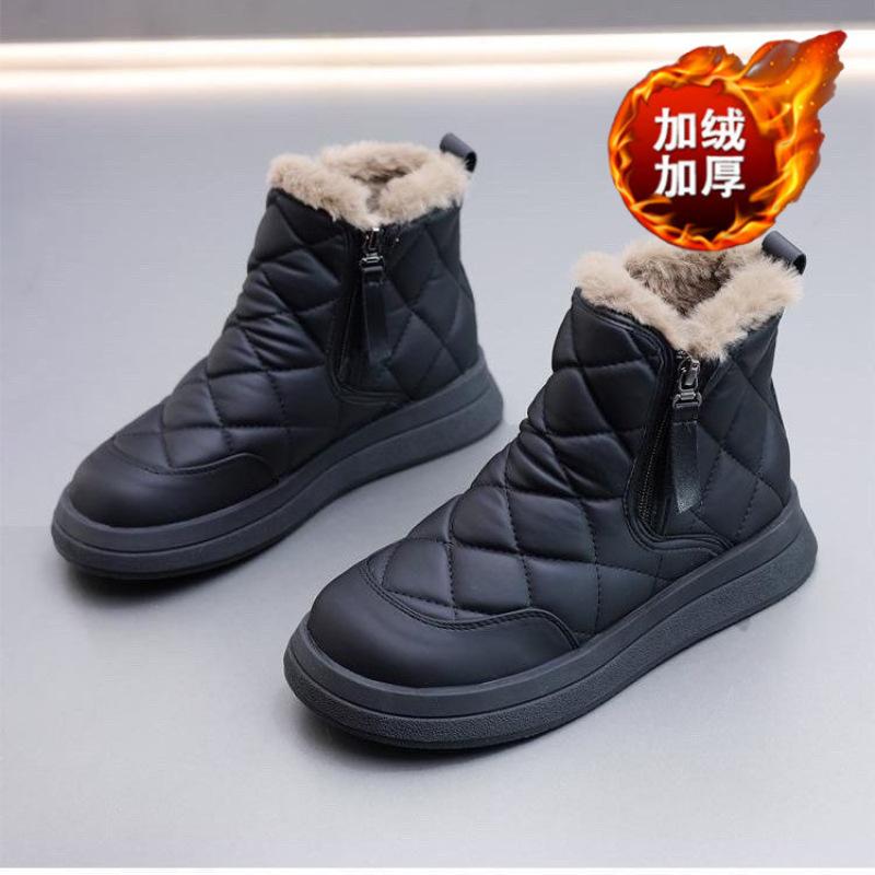 Fleece snow boots winter new side zipper waterproof thickened thermal cotton shoes platform casual short boots