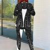Women Plus Size Black Gold Green Printed Round Neck Long Sleeve Top And Fitted Pants Two Piece Set