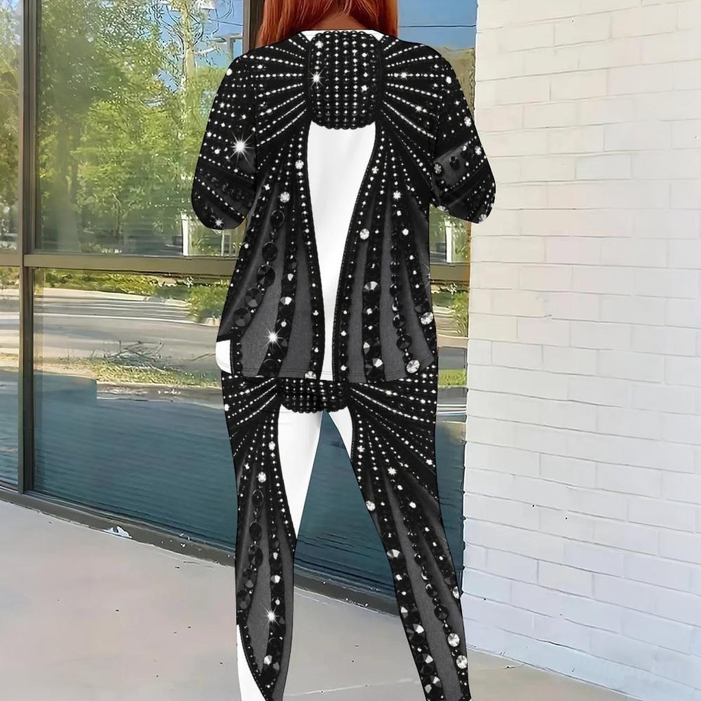 Women Plus Size Black Gold Green Printed Round Neck Long Sleeve Top And Fitted Pants Two Piece Set