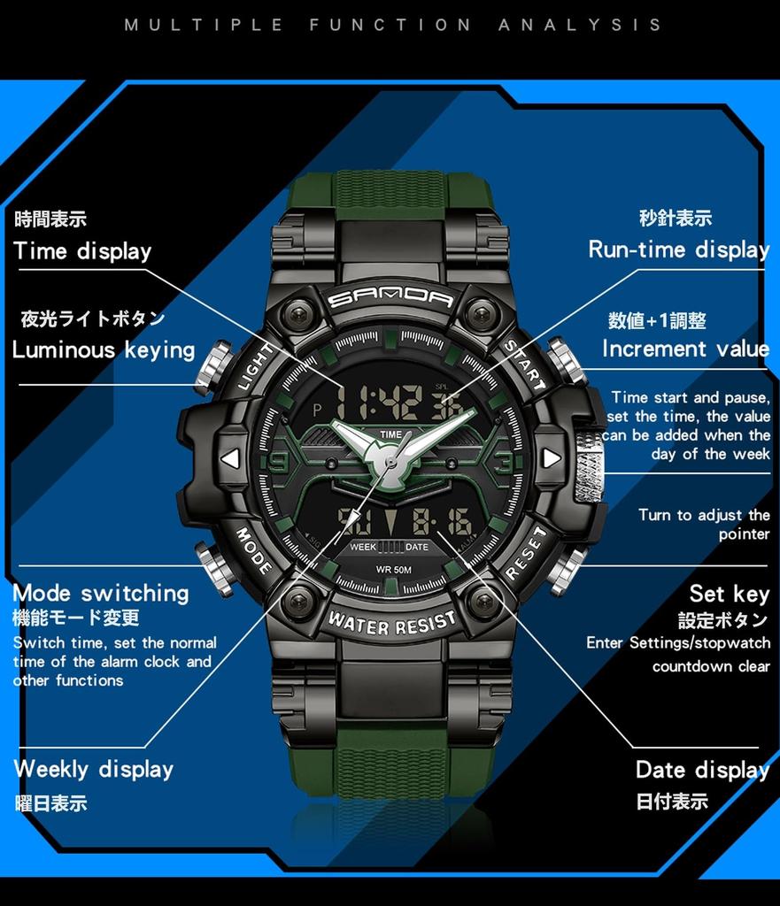 Findtime 2024 Reloj Digital para Hombre Doble Hora Analógico Militar Cronómetro Alarma Impermeable Reloj Deportivo Reloj para Correr Luz de Fondo Luminosa Día Fecha