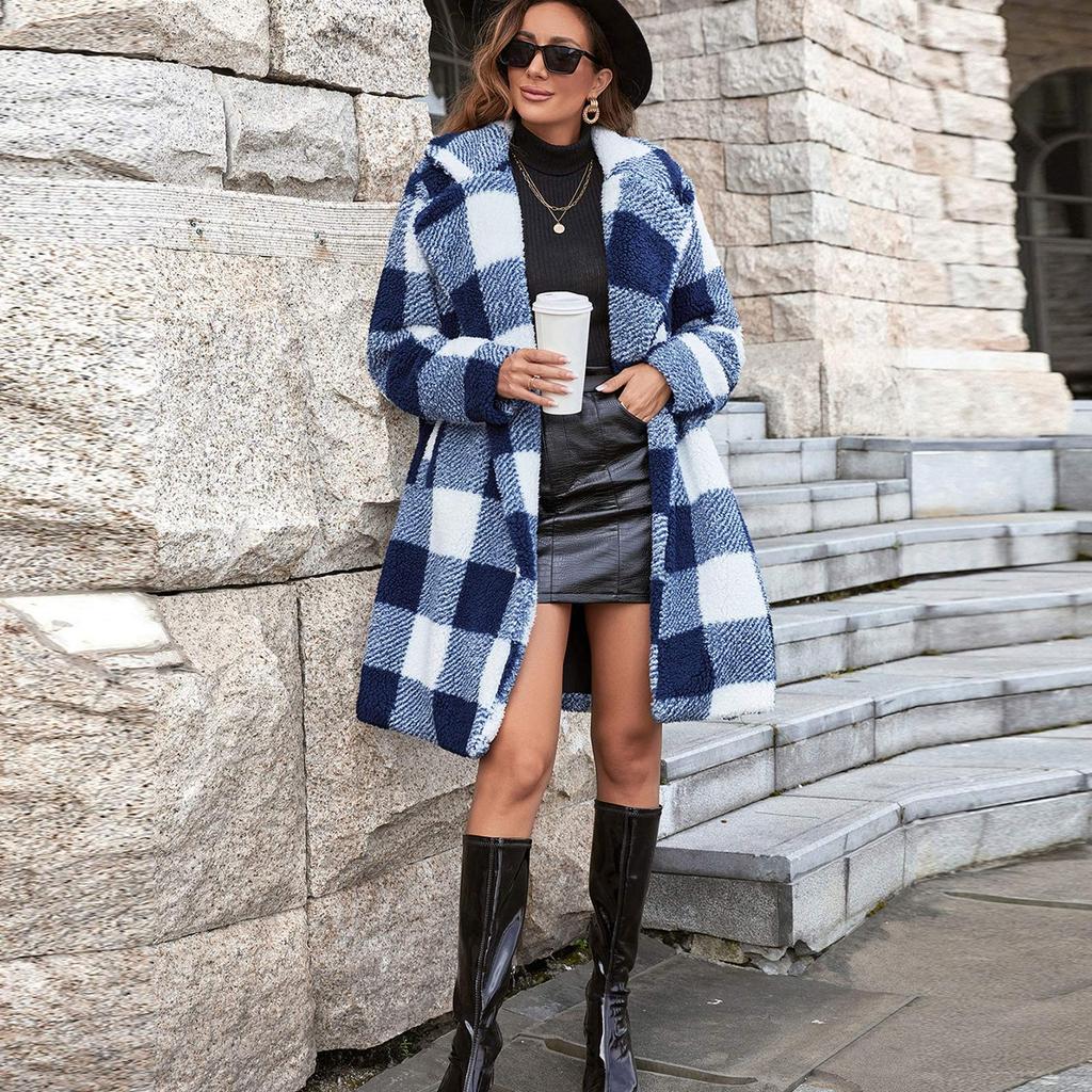 Women's Plaid Plush Lapel Coat Lamb Wool Plaid Pocket Medium Long Windbreaker Coat