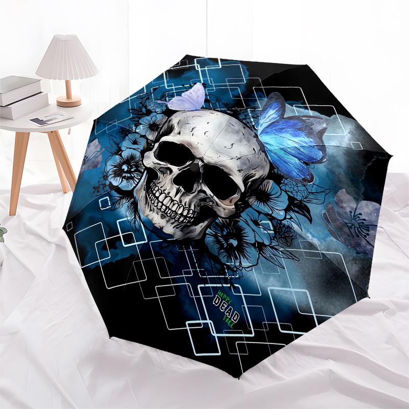 1pc Skull and Flowers Artwork Umbrella with Plastic Handle,Compact & Stylish,Cartoon Pattern,Outdoor UmbrellaPT494