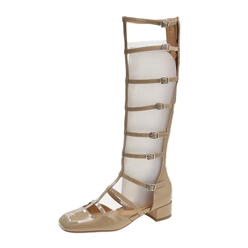 Módní přezkové gladiátorky dámské sandály na vysokém podpatku vysoké ke koleni dámské letní boty na zip černá kůže