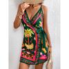 Women's V Neck Spaghetti Strap Mini Wrap Dress Loose Waist Tropical Geometric Print Side Tie Casual Beach Dress