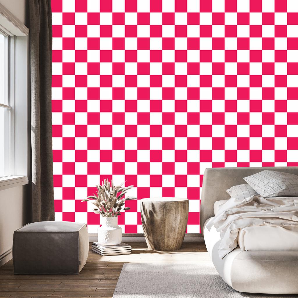 Wallpaper Checkerboard of Roses, White and Powder Pink 50x1000