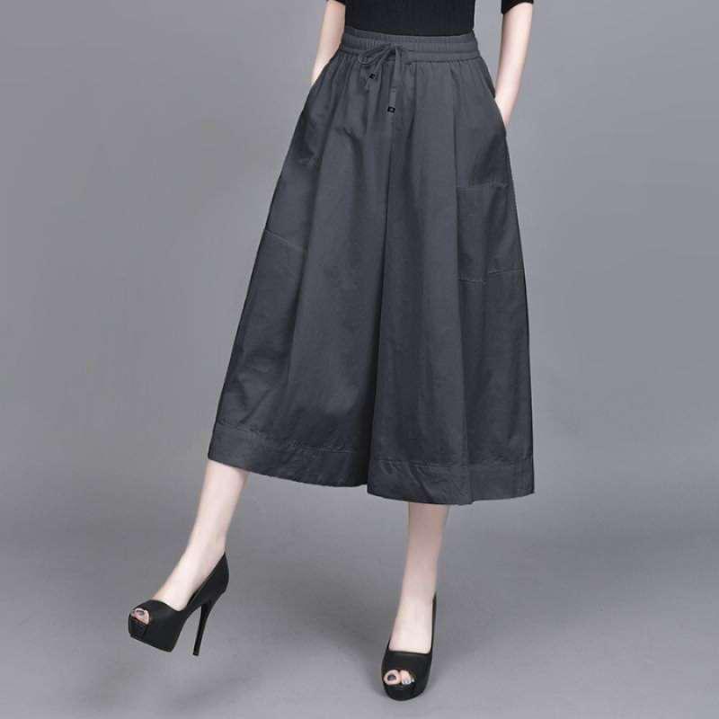 

Women s Summer Wide-Leg Elastic Waist Pants: Loose Fit, Letter Print, Skirt-Style Casual 7/8 Trousers L серый