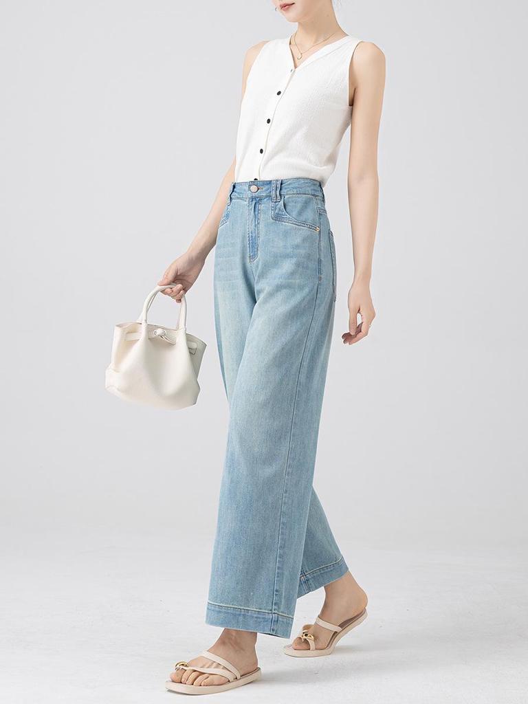 2026 Women's Korean Style Light Nine-Point Wide Leg Drape Jeans