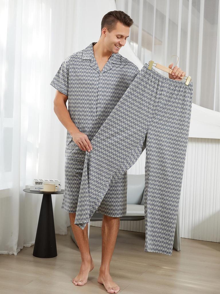 Men's Summer Cotton Pajamas 3-Piece Set: Short Sleeve Top, Long Pants, Casual Thin Shorts Home Wear