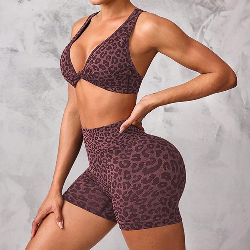 Leopard Print Yoga Suit: Twisted Back Bra & Women s Fitness Running Shorts Set Large