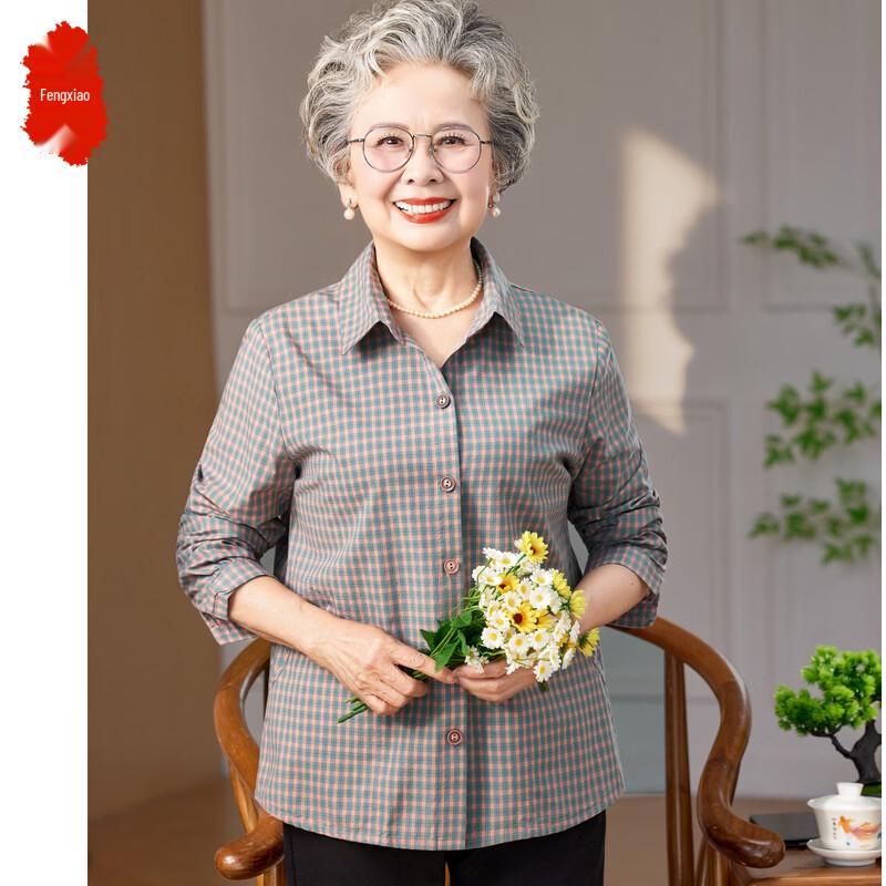 Elderly Women's Spring Plaid Long-Sleeve Shirt