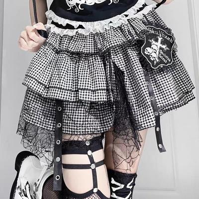 Korean Girls Kawaii Punk A-line Mini Skirt Harajuku Vintage Black White Rock Cake Skirts Y2K Lace Ball Gowns Skater