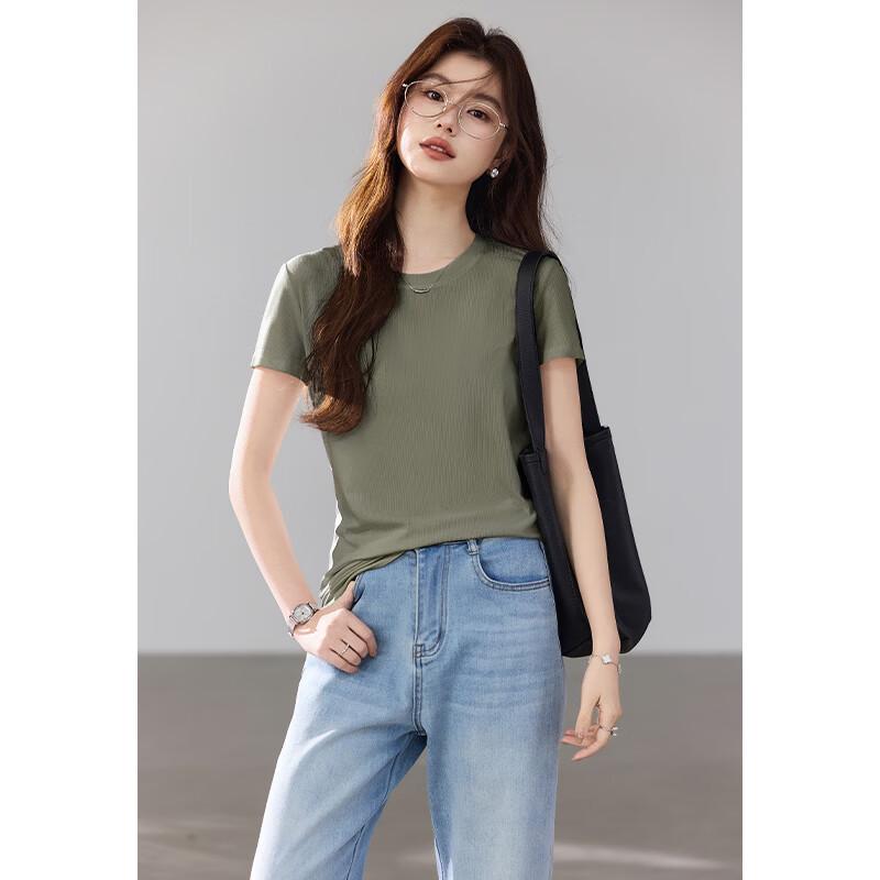 VICTORIA&VERA Women's Ribbed High-Stretch Mulberry Silk Short Sleeve T-Shirt