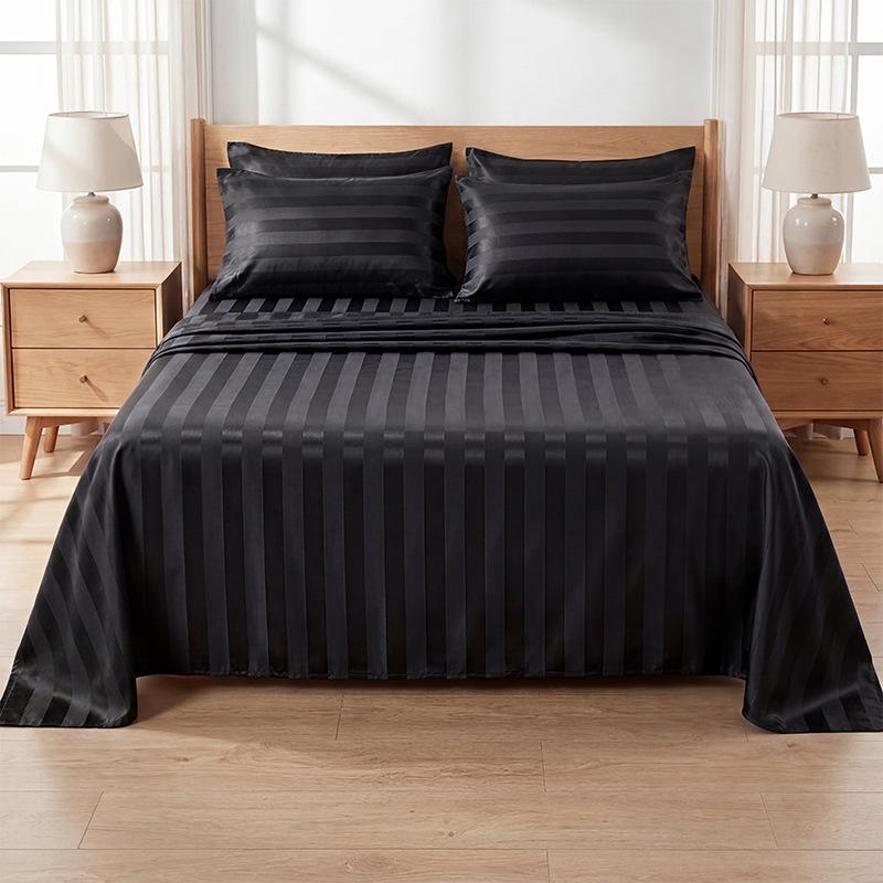 Cross-Border Satin Stripe Bed Sheet & Pillowcase Set for Oversized Double Bed